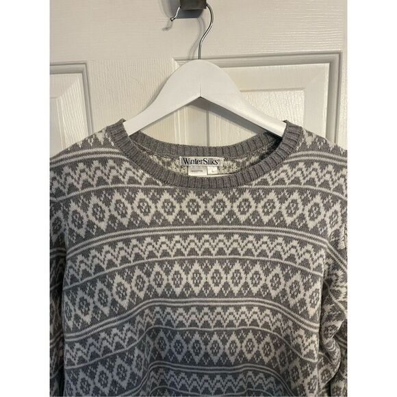 WinterSilks Gray & White Print Cotton Crew Neck Sweater sz L NWOT - Picture 3 of 6